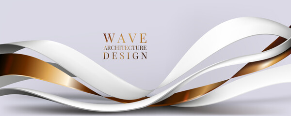 3D smooth texture. Soft white and gold ribbons. Wave architecture design. Undulating relief. Futuristic landscape or surface. Elegant stripes. Luxury poster. Vector abstract background