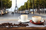 Fototapeta  - Cup Of Delicious Coffee On Blurred Background Of Paris Cozy Street And Eiffel Tower. Romantic Evening View. Based On. Generative AI
