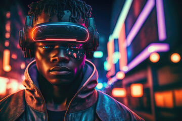 Wall Mural - African man wearing virtual reality goggles standing in virtual world background . Concept of virtual reality technology , gaming simulation and metaverse. Peculiar AI generative image.
