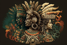 Ancient Azteca Civilization With Iconic Symbols Such As The Aztec Calendar And The Feathered Serpent God, Quetzalcoatl, Alongside Aztec Warriors In Headdresses. Generative AI