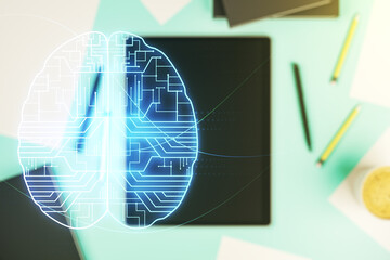Wall Mural - creative artificial intelligence concept with human brain hologram and modern digital tablet on back