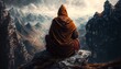 Buddhist monk sitting on the mountain's peak, watching the sunset while meditating. Concept for spirituality and journey. Generative AI.