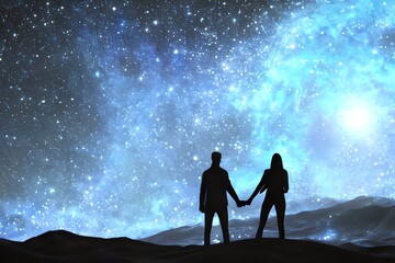 Wall Mural - man and woman silhouettes at abstract cosmic background. human souls couple in love. astral body. es