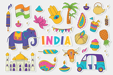 hand drawn pack of stickers for india, indian holidays, culture. clip art, doodles, cartoon elements