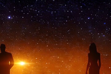Wall Mural - man and woman silhouettes at abstract cosmic background. human souls couple in love. astral body. es