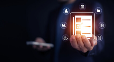 Documents management information system concept, Businessman using visual screen internet for Documents management information system and ERP program data directory in company, ERP document management