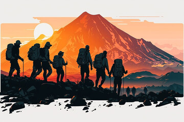 Wall Mural - a group of people doing hiking to far mountain and volcano. Generative AI	