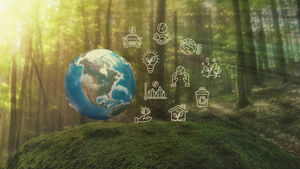 Wall Mural - america ecological green energy icons concept globe moss in forrest background 3d render 3
