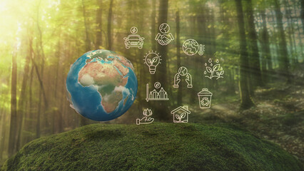 Wall Mural - africa ecological green energy icons concept globe moss in forrest background 3d render