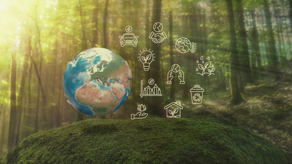 Wall Mural - europe ecological green energy icons concept globe moss in forrest background 3d render