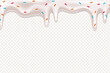 Realistic drip cream drops melt drops with sprinkles. Melted white sweet liquid splashes, glossy cream border with dripping droplets. Seamless pattern. 3d realistic vector
