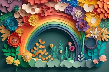 Wall Mural - paper cut painting rainbow and flowers and clouds Generative AI