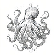 Detailed Hand Drawn Cartoon Octopus Character On Isolated Background. Vintage Black And White Monochrome Octopus With Tentacles.