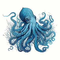 Wall Mural - Detailed hand drawn cartoon octopus character on isolated background. Vintage blue octopus with tentacles.