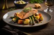 A piece of grilled salmon with asparagus and roast potatoes
