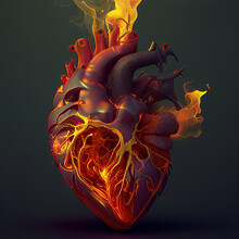 Heart Of Fire. Abstract 3D Render Of A Human Heart With Flames, Sparks, And Smoke. Generative AI