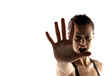 © vladimirfloyd - Creaming displeased woman pull hand prohibition stop taboo palm sign frowning demand enough shooting me bad mood restict doing mistake on white background.