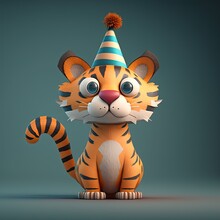 Cute Cartoon Tiger In A Party Birthday Hat (Generative AI)