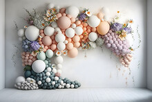Realistic Spring Floral Balloon Wall, White Floor, Neutral Colors
