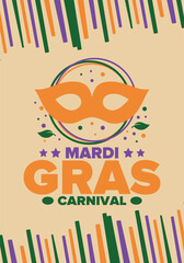 Mardi Gras Carnival in New Orleans. Fat Tuesday. Traditional holiday, celebration annual. Folk festival, costume masquerade, fun party. Carnival mask. Poster, card, banner and background. Vector