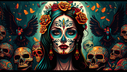 Mexican festival known as Day of the Dead with maxican girl portrait wearing carnival mask of the day of the dead, Generative ai