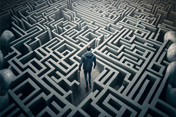Wall Mural - man lost in maze top view created with generative ai technology