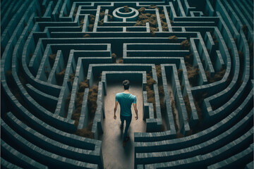 Wall Mural - man lost in maze top view created with generative ai technology
