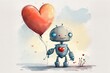 Chatbot and dating apps. AI technology and dating apps. Love in the Age of AI Dating Apps. Robot in love with heart balloon in his hands. AI generative