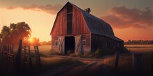 A Barn On A Farm At Sunrise. Generative AI