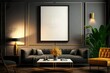 Mockup - Poster rahmen an der Wand des Wohnzimmers. Luxuriöser Apartmenthintergrund mit zeitgenössischem Design. Modernes Innendesign. generative AI