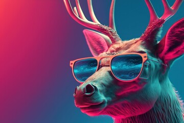 Neon cyberpunk futuristic portrait of reindeer with large strong horns and sunglasses. purple lights. AI generated