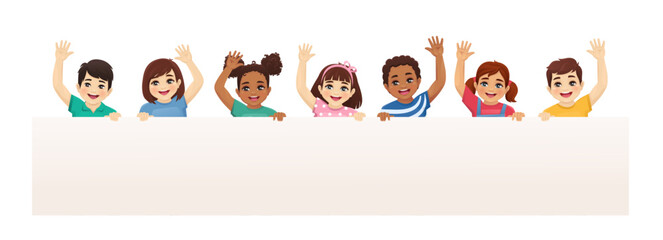 Smiling kids boys and girls holding empty blank board waving hands isolated vector illustration. Multiethnic happy children standing with placard.