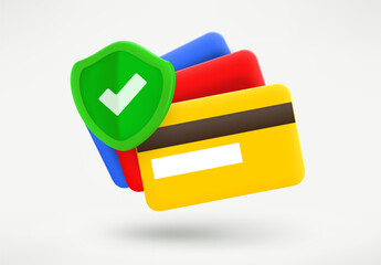 Poster - Stack of color plastic cards with guard shield. Ensurance concept. 3d vector illustration