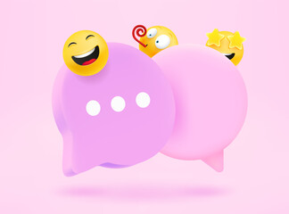 Fototapete - Pink speech clouds with emojis. Conversation concept. 3d vector icon 