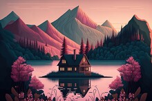 Sunset Over A Mountain Lake In A Quaint Wooden Cottage With Pink Trees: A Dream Landscape Drawing. Generative AI
