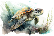 Cute Turtle In Style Of Aquarelle, Ai Generated