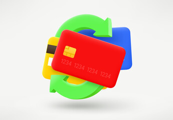 Poster - Stack of color plastic cards and arrows. Cashback concept. 3d vector illustration
