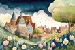 © vitanovski - naive art watercolor of the quaint village  in the springtime  created by generative AI