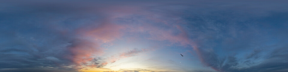 Wall Mural - dark blue sunset sky panorama with pink cumulus clouds. seamless hdr 360 pano in spherical equirecta
