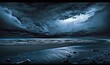  a dark stormy sky over the ocean with a beach in the foreground.  generative ai