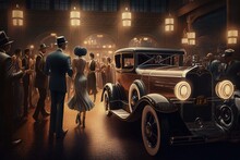 Roaring Twenties, Illustration Of A Vintage Picture Of A Street With An Oldtimer Car In The 1920 In America, Created With Generative Ai