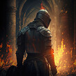 A medieval knight standing in a burning building. Created with Generative AI.
