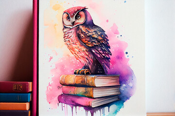 a watercolor painting of a owl sitting on a stack of books with a pink background and watercolor splashes on the back of the book pages, and the owl is sitting on top of the stack. Generative AI