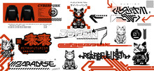 Futuristic Cyberpunk T-shirt, Merch, Streetwear Design. Cyber Maneki-neko, Japanese Symbols And Digital Lettering. Streetwear Graphic. Translation From Japanese - Paradise, Cyberpunk, Future Is Now