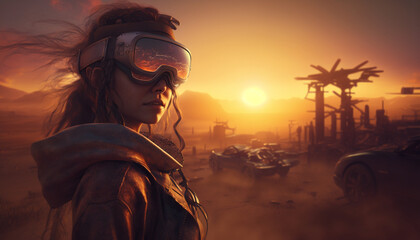 Girl wearing VR glasses post apocalypse after nuclear war sunset background