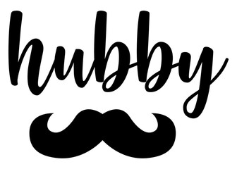 Sticker - Logo del día de San Valentín. Letras de la palabra hubby con silueta de bigote. Texto manuscrito hubby para su uso en felicitaciones y tarjetas