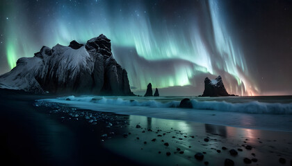 auroras over black sand beaches of iceland