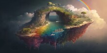 Fantasy Floating Island With Rainbow, Generative AI
