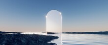 3d Render, Abstract Minimalist Panoramic Background. Fantastic Scenery Wallpaper. Rounded Mirror In The Water