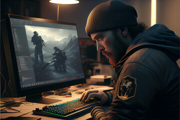 Male video games designer working in studio. Game designer developing games. High quality ai generated illustration.